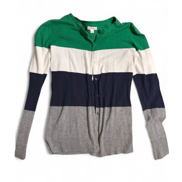Striped Colorblock Women's Fitted Cardigan Merona Size XS Green White Navy Grey - Picture 1 of 4